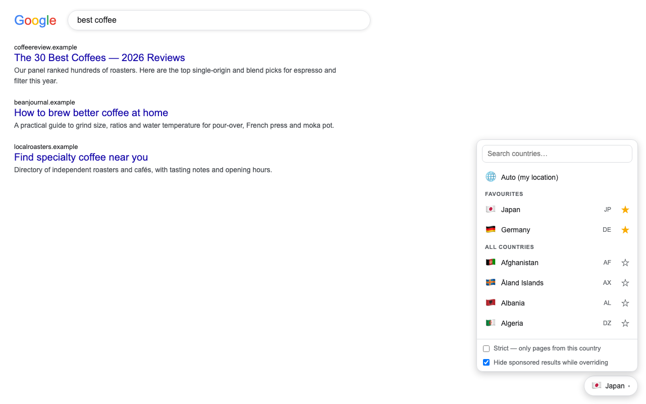 The country dropdown open on a Google results page